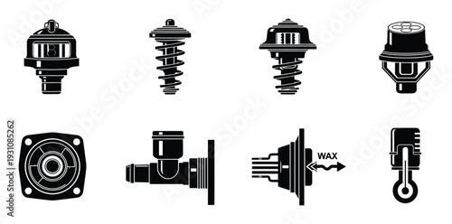 Engine Thermostat Parts Vector Set, Car Engine Thermostat Components Collection Black and White Design