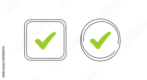 Green checkmark symbols in square and circle frames representing approval success and confirmation with clean lines