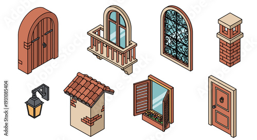 Collection of isometric architectural elements including arched doorway balcony window stained glass brick chimney