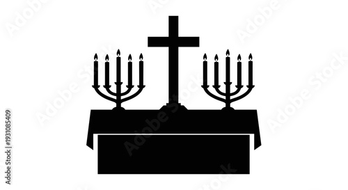 Christian altar with cross and candlesticks silhouette symbolizing faith worship and sacred ceremony in a church setting