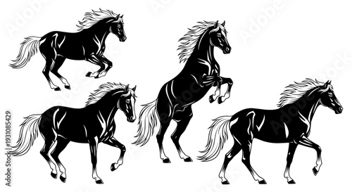 Dynamic black silhouette collection of five horses in various majestic poses illustrating power freedom and elegance