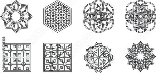 Diverse set of intricate geometric patterns featuring symmetrical mandalas abstract shapes and ornamental designs perfect for decorative backgrounds or graphic design