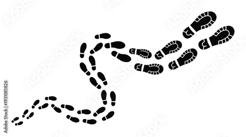 Footprints trail illustration showing steps in black, isolated on a white background. Footprints from small to bigger.