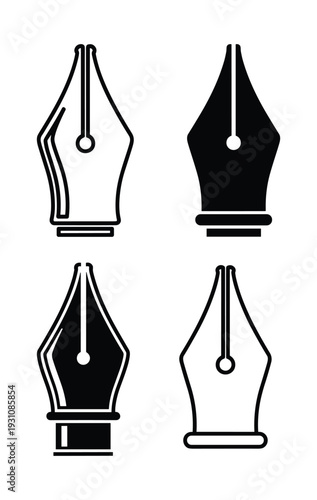 Fountain pen nib vector icons, various style of pen nib, black ink pen nib, writing instruments, drawing tool symbols