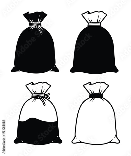 Four black and white sacks, bag, full, empty, sack with tie, vector bags illustration set