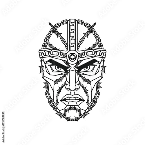 Intense Warrior Face Mask with Barbed Wire and Chains - Geometric Line Art Illustration Symbolizing Strength and Struggle