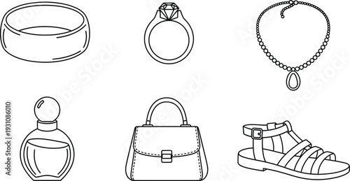 Collection of fashion accessories icons including jewelry perfume handbag and sandal flat vector illustration for design