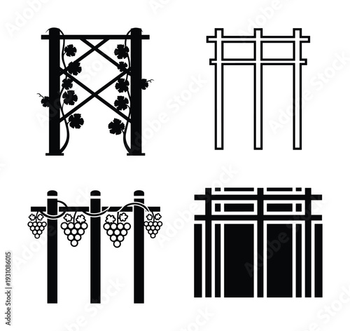 Four garden trellis silhouettes with grape vines and abstract geometric designs, black and white vector illustrations