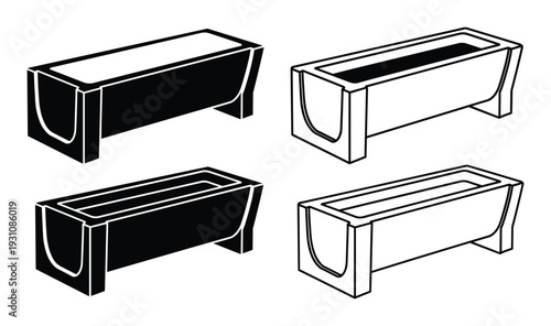 Four planters illustration in black and white color, perspective view. Landscape design elements for garden and park.