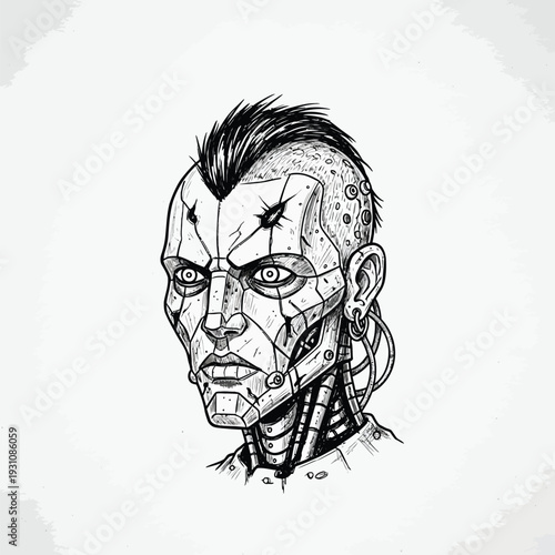 Futuristic Cybernetic Punk Android Head Illustration. Detailed Sci-Fi Robot Portrait with Mohawk Hair in Black and White Sketch Style.