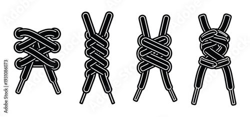 Four shoelace lacing methods illustration, from complex crisscross to simple knot, showcasing various shoelace tying styles.