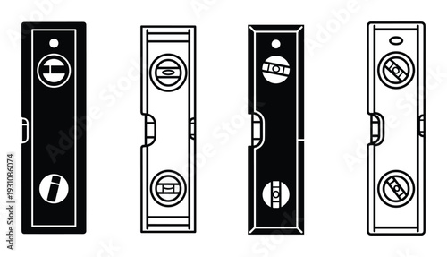 Four spirit levels vector illustration in black and white, engineering tool used in construction for leveling