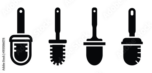 Four toilet brushes vector icons with different shapes and handles, bathroom cleaning equipment illustrations.