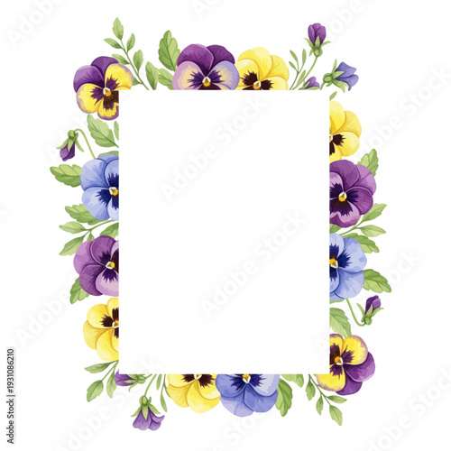 Watercolor Pansy Flower Frame with Green Leaves on White Background