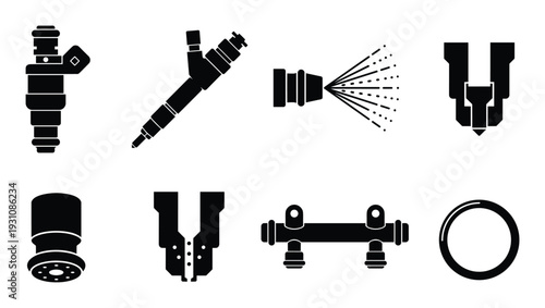 Fuel injector set vector illustration, different types of fuel injectors design, automobile spare parts collection