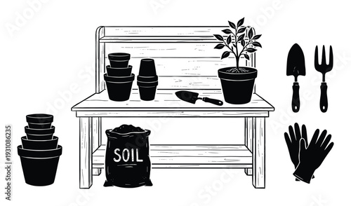 Gardening Tools with Potting Bench Illustration, Gardening Equipment, Potted Plant, Soil Bag, Trowel, Fork, and Gardening Gloves