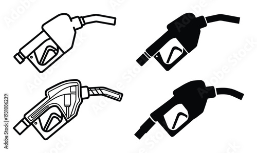Gas nozzle illustration set, fuel pump with trigger, isolated outlined and solid black icons for gasoline and petrol station