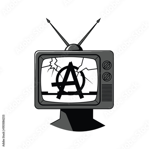Anarchy Symbol on Broken Retro TV Screen. Concept of Media Rebellion, Anti-Establishment, Censorship, and Propaganda Disruption