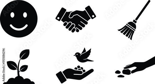 A diverse collection of black silhouette icons representing concepts like happiness agreement cleaning growth and nature in a simple flat vector design