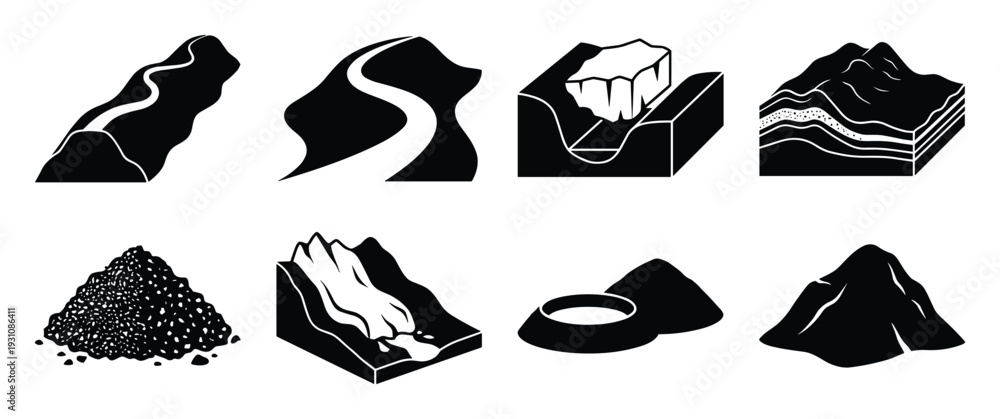 Fototapeta premium Geological formations vector illustration: River, glacier, layers, pile, stream, dune and mountain