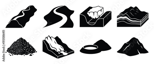 Geological formations vector illustration: River, glacier, layers, pile, stream, dune and mountain