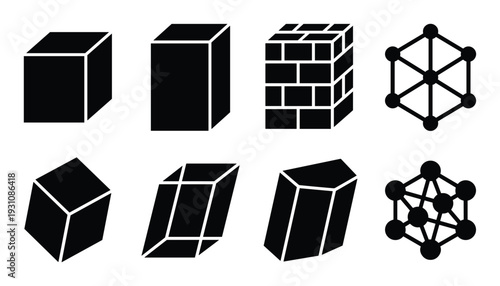 Geometric shapes collection: cube, cuboid, brick, hexagon lattice, rhombus, and octahedron lattice black color
