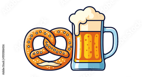 Fresh pretzel and frothy beer mug isolated on white background, Oktoberfest celebration