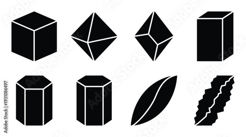 Geometric solids vector set, various 3D shapes: cube, octahedron, prisms, ovoid, and cracked rock shapes