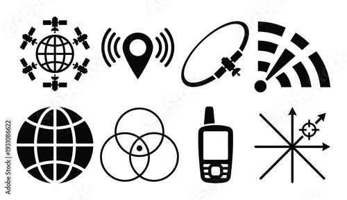 Global positioning system vector icons, navigation technology concept and GPS receiver, with network signals, and coordinates