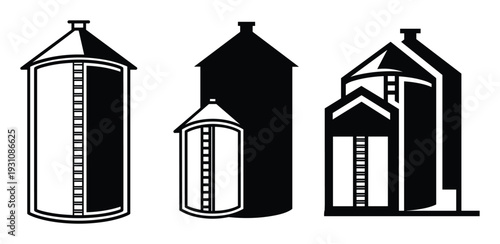 Grain Silos Vector Illustration Set, Agricultural Buildings, Farm Storage, Black and White, Industrial Architecture