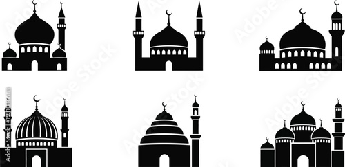 Collection of black mosque vector icons featuring traditional Islamic architecture and crescent moon symbols ideal for religious events cultural designs or travel applications