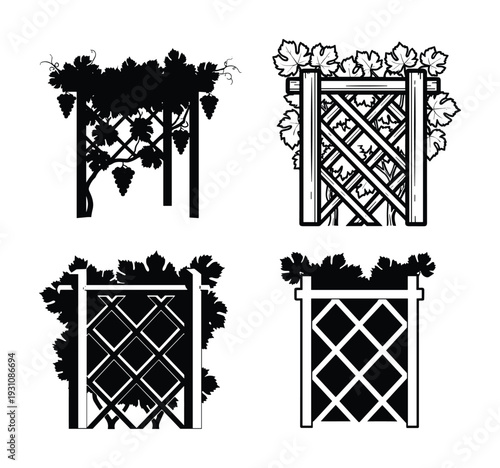 Grapevine trellis vector set, garden structures with climbing plants illustration