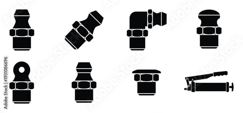Grease fittings and grease gun illustration. Black grease nipples of various types and configurations.