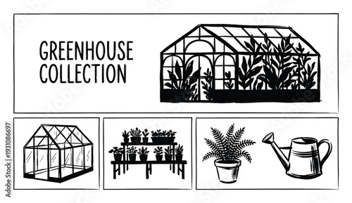 Greenhouse Collection vector illustration design, home gardening, plants, watering can and shelving unit black and white