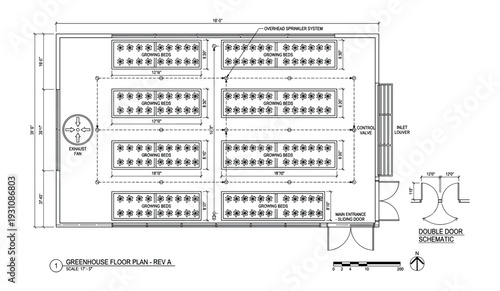 Greenhouse floor plan with growing beds, exhaust fan, overhead sprinkler system, inlet louver and control valve