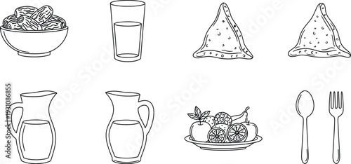 Collection of hand-drawn food and drink icons including samosas fruit and cutlery perfect for menus and recipe illustrations