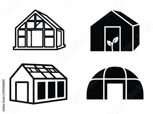 Greenhouse icons set of various designs, outlines of different structures for growing plants and gardening, simple black vector