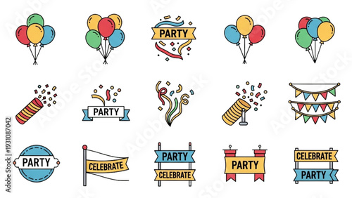 Birthday Party Icon Sheet, Set of 20 Line Art Elements, Black and White Vector Symbols, Minimalist Celebration Icons for Greeting Cards and Design