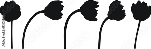 Black silhouette of tulip flowers and buds on stems isolated on white background for spring design elements nature patterns and floral vector illustrations