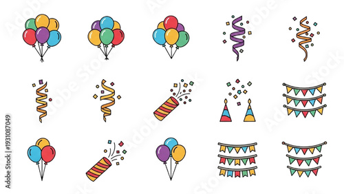 Birthday Party Icon Sheet, Set of 20 Line Art Elements, Black and White Vector Symbols, Minimalist Celebration Icons for Greeting Cards and Design