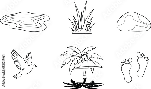 Set of essential nature and outdoor elements presented as a minimalist outline vector illustration ideal for map design game assets or educational content