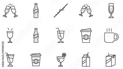 Birthday Party Activities Icon Sheet, Minimalist Line Art Vector with Pinata, Party Blower, Treasure Chest, Dance Floor and Game Controller Symbols