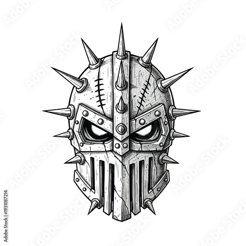Grunge Spiked Helmet Graphic - Detailed Black & White Warrior Mask Illustration