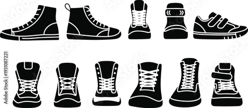 Collection of black sneaker silhouettes and casual shoe icons featuring high tops trainers and athletic footwear vectors for fashion design and retail branding