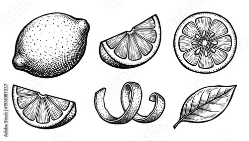 Hand drawn lemon elements illustration with whole lemon, slices, zest and leaf