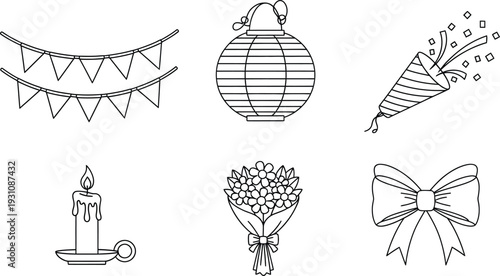 Collection of celebration icons including bunting lantern party popper candle bouquet and bow perfect for event design and festive decoration
