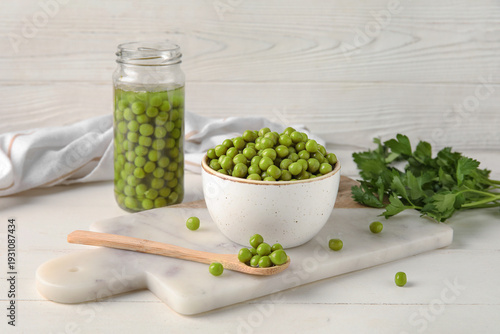 Bowl and jar with canned gr...