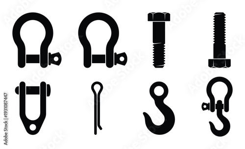 Hardware silhouettes collection with shackles, bolts, hook, and pin vector illustration on a white background