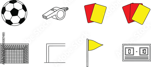 Collection of soccer game icons including ball whistle cards goal and scoreboard for sports design and infographics