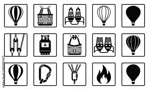 Hot air balloon equipment icons vector set, basket, burners, gas tank, carabiner, flame, and pulley symbols.